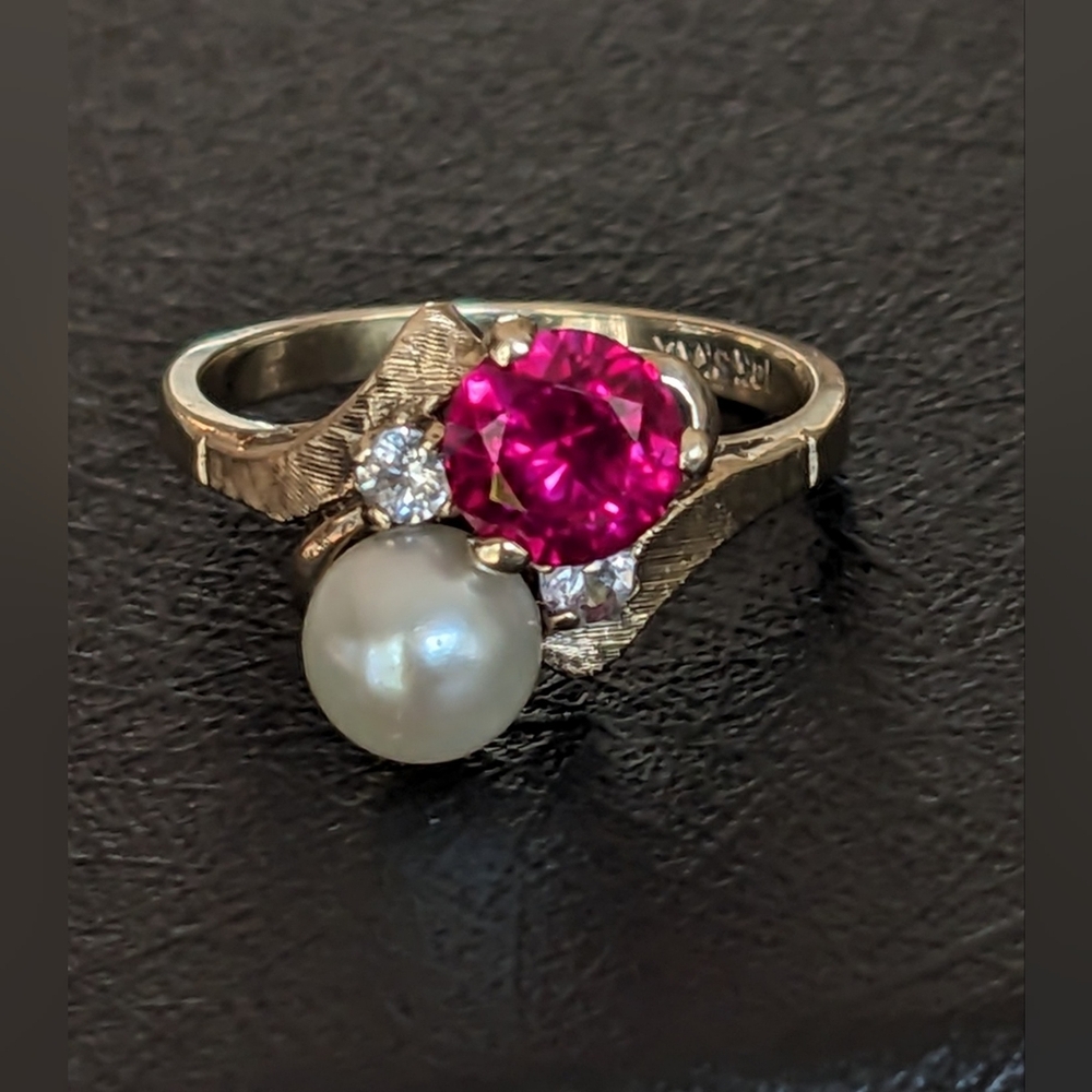 10K Ruby Pearl Aquamarine Solid Gold Ring